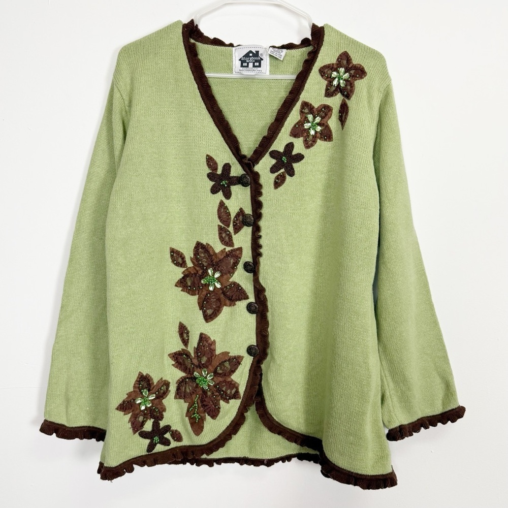 Storybook Knits Sweater Womens Large Green Floral Autumn Serenity Cardigan